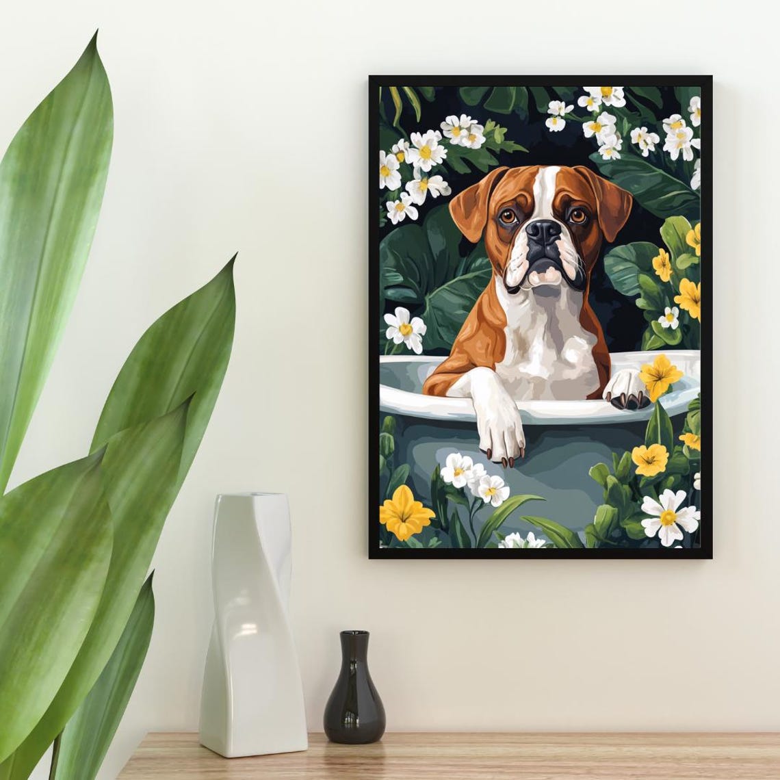 Boxer in Bathtub Funny Dog Bathroom Tropical Leaves Floral Art Poster - Image 2