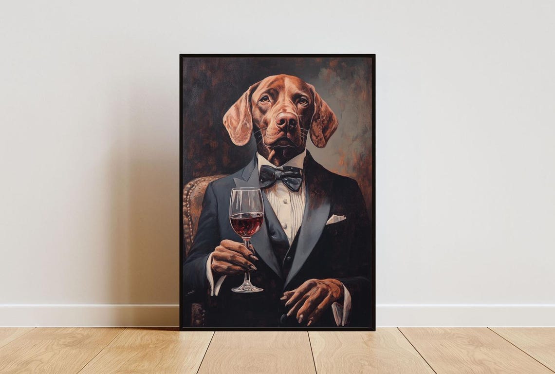 Chesapeake Bay Retriever In Tuxedo Holding Red Wine Formal Dog Poster