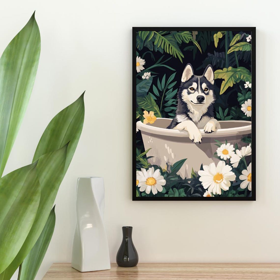 Siberian Husky in Bathtub Funny Dog Bathroom Daisy Floral Art Poster - Image 2