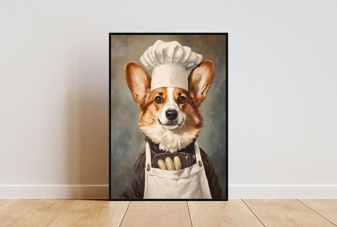 Pembroke Welsh Corgi Chef Dog Portrait Baguette Kitchen Art Poster
