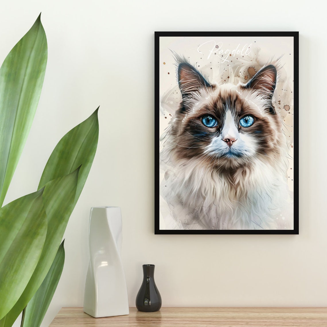 Ragdoll Cat Watercolor Portrait Blue Eyes Elegant Fine Art Poster - Image 2
