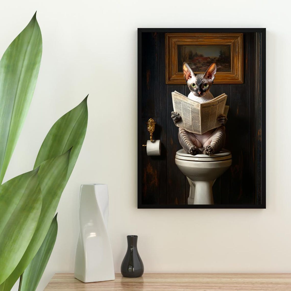 Cornish Rex Cat on a Toilet Reading a Newspaper in a Bathroom Poster - Image 2