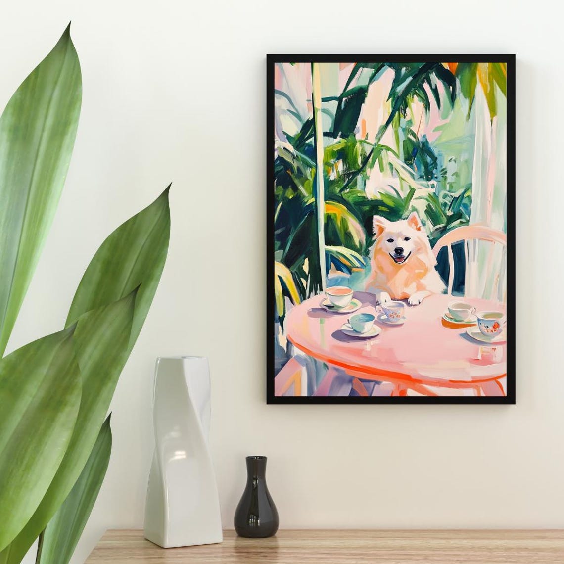Samoyed Dog Garden Tea Party Pastel Oil Painting Style Poster - Image 2