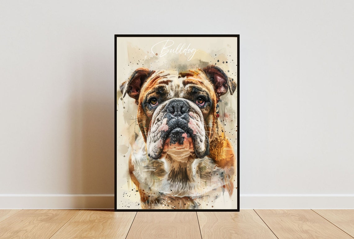 Bulldog Watercolor Dog Breed Portrait Poster Script Name Detail