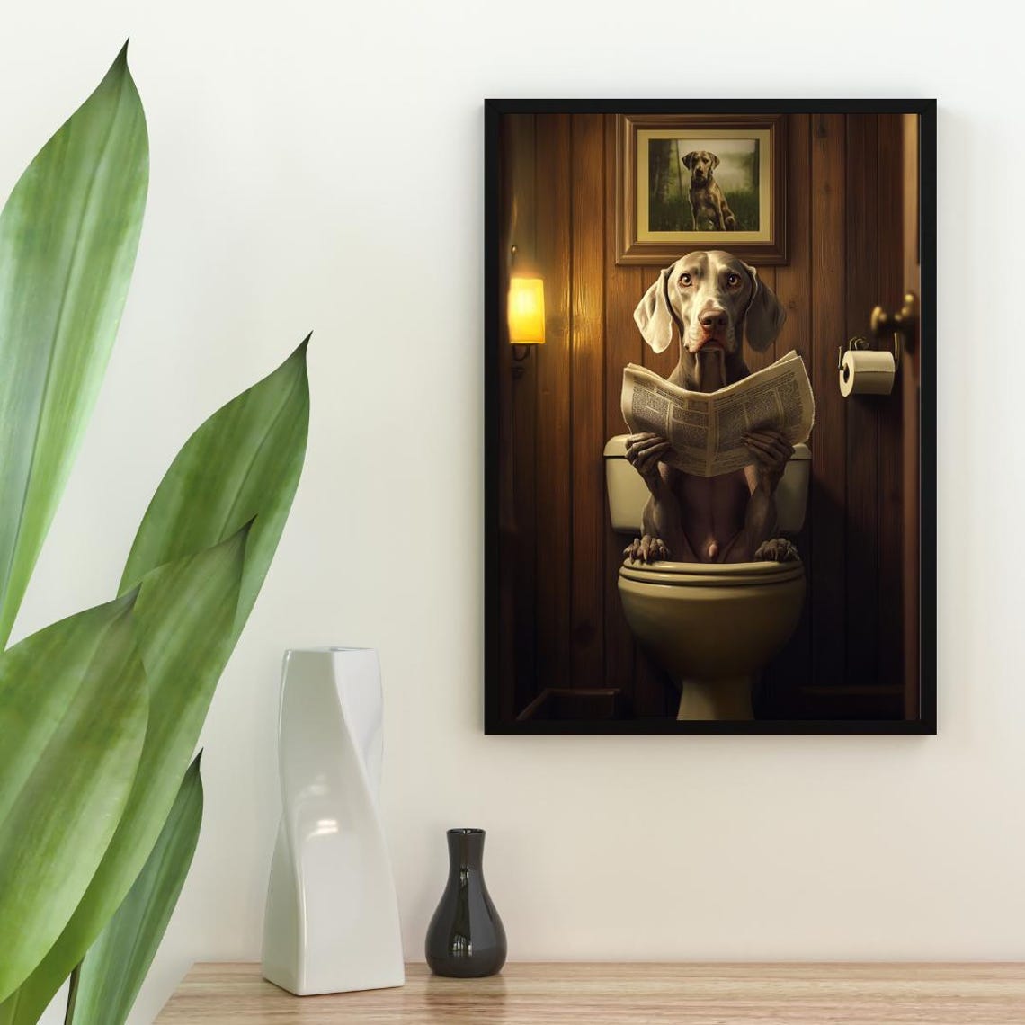 Weimaraner on Toilet Reading Newspaper Funny Dog Bathroom Poster - Image 2