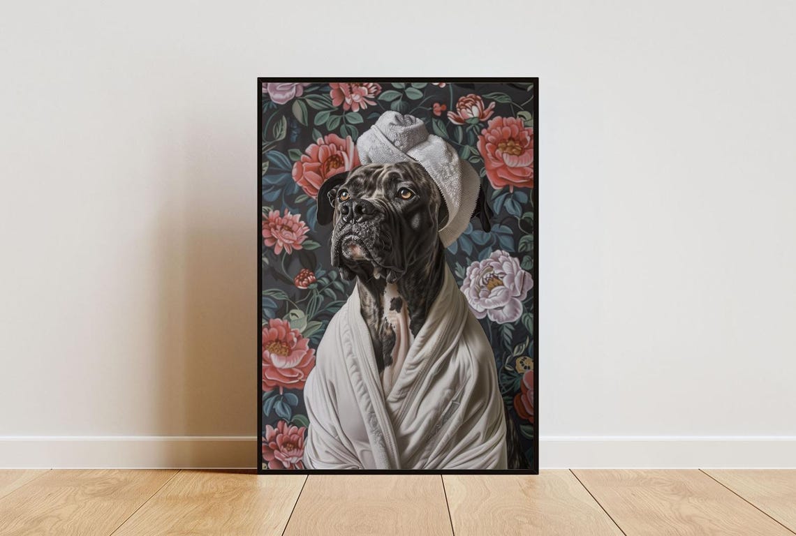 Cane Corso Bathrobe Spa Day Dog Portrait Botanical Art Print