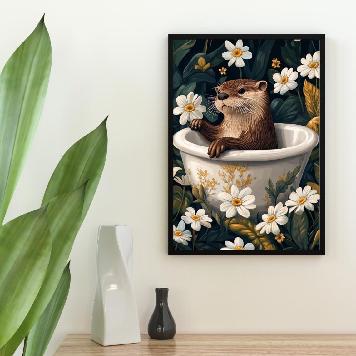 Otter Bathtub Daisy Botanical Dark Art Funny Animal Vintage Poster - Image 2