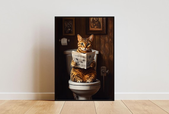 Bengal Cat on a Toilet Reading a Newspaper in a Vintage Bathroom Poster