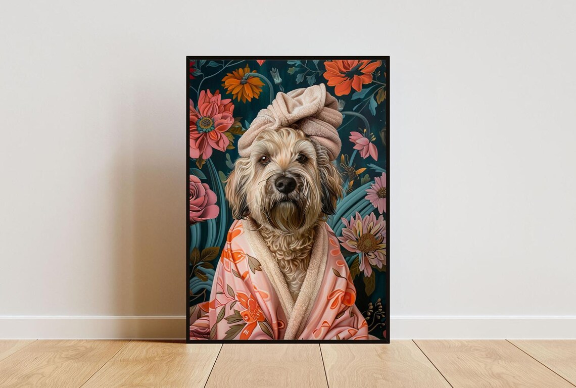 Soft Coated Wheaten Terrier Bathrobe Poster, Bathroom Art