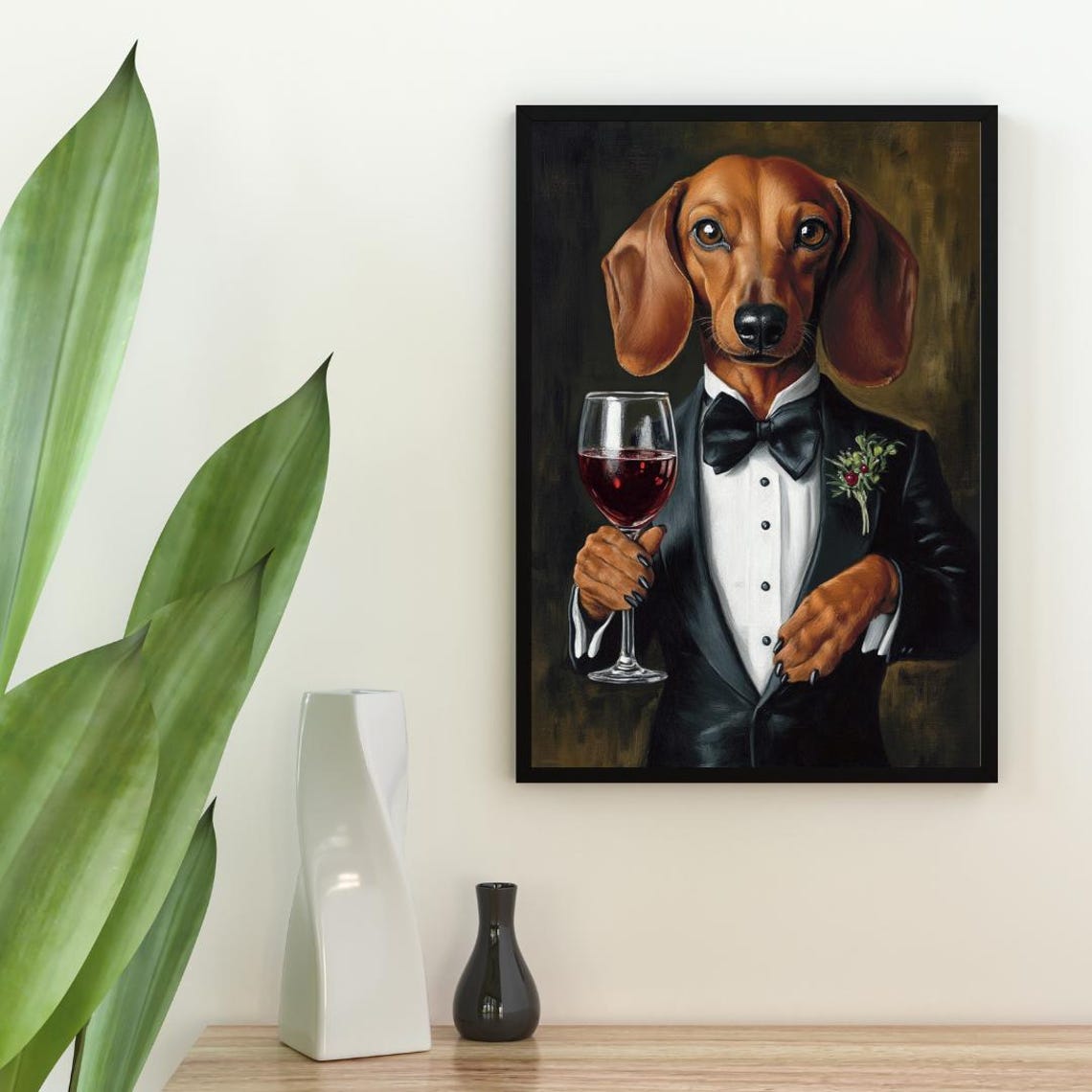 Dachshund in a Black Tuxedo with Bow Tie Holding Red Wine Poster - Image 2