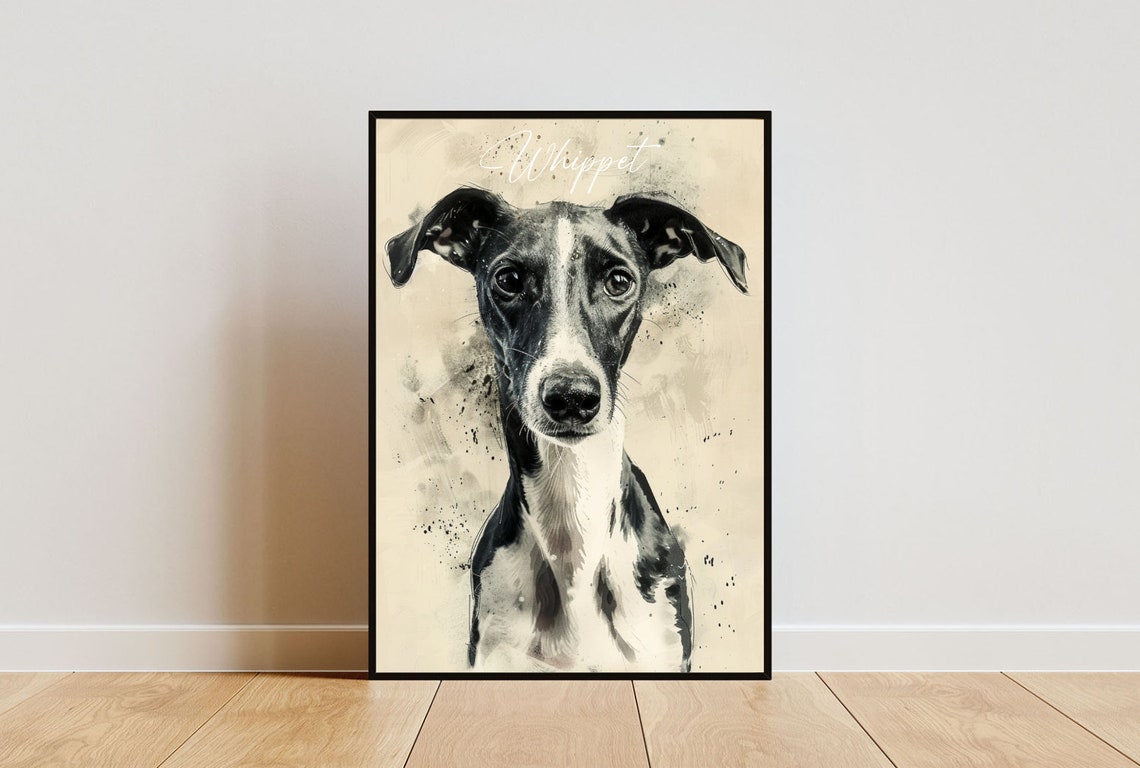 Whippet Watercolor Dog Breed Portrait Poster Script Name Detail