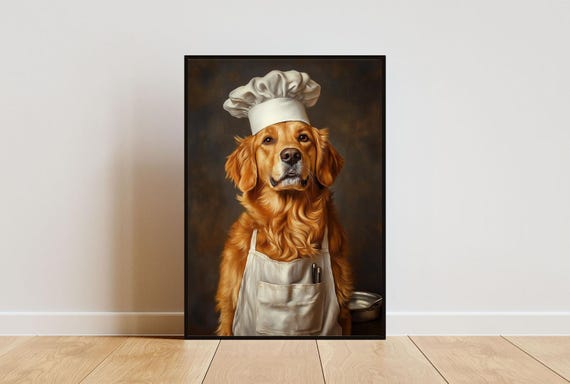Golden Retriever In Chefs Hat Poster Pet Print Golden Retriever In Apron Print Funny Dog Wall Art Retriever Portrait Dog Kitchen Poster