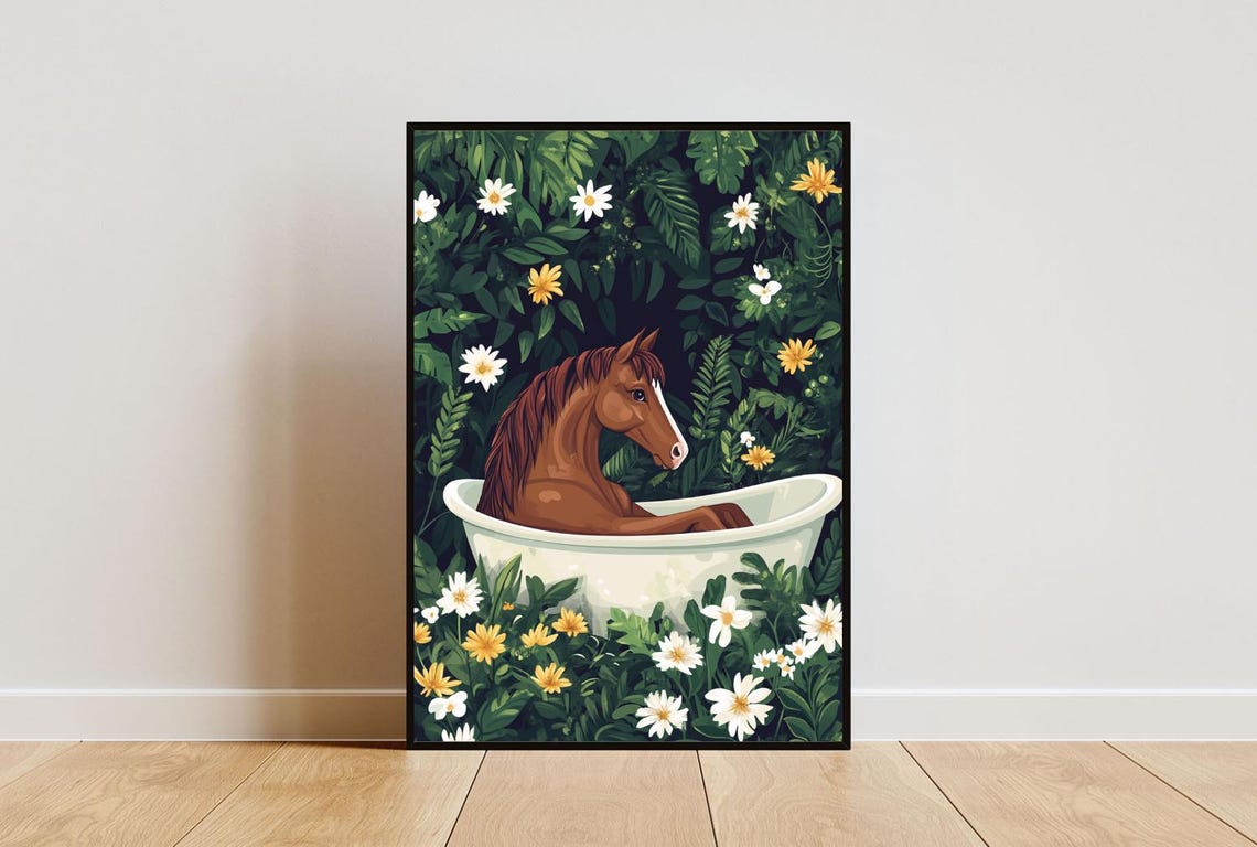 Horse In Bathtub Poster Funny Animal Poster Horse Bathroom Print Horse Bath Poster Animal Bathroom Wall Art Animal Print Horse Poster