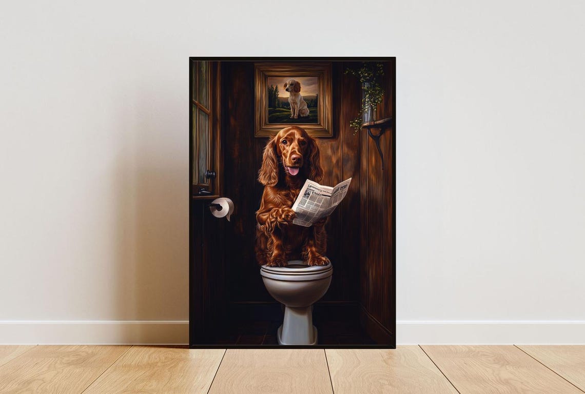 Irish Setter Reading Newspaper On Toilet Funny Bathroom Poster
