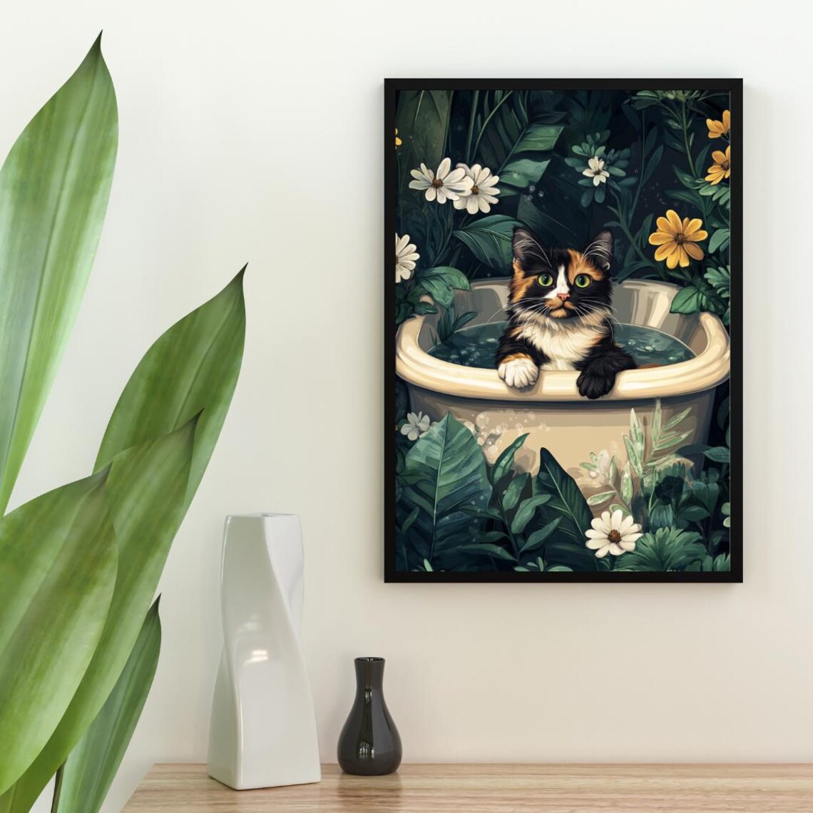 Tortoiseshell Cat in Bathtub Botanical Poster Funny Bathroom Decor Piece - Image 2