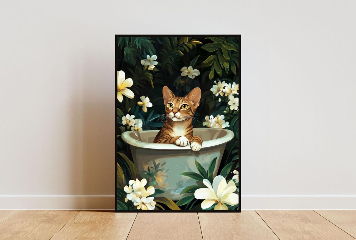 Oriental Shorthair In Bathtub Poster Funny Cat Poster Oriental Shorthair Bathroom Print Oriental Shorthair Bath Poster Bathroom Wall Art