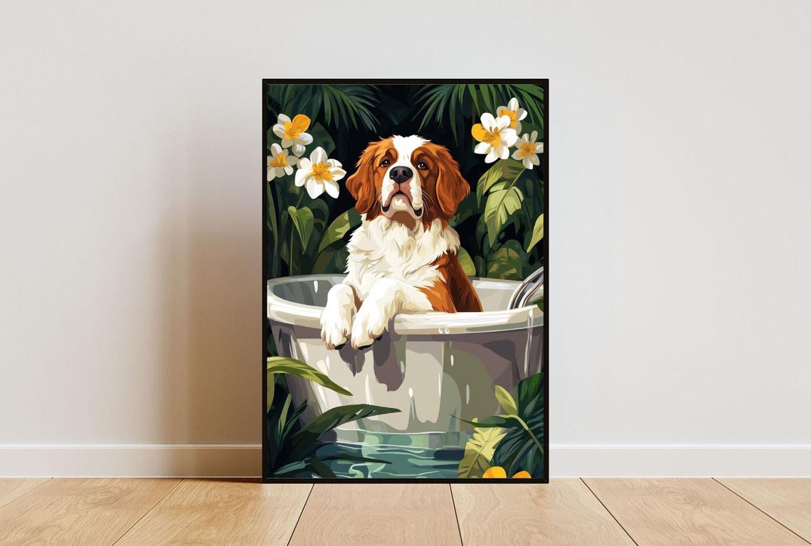 Saint Bernard Relaxing In Bathtub With White Flowers Dog Poster