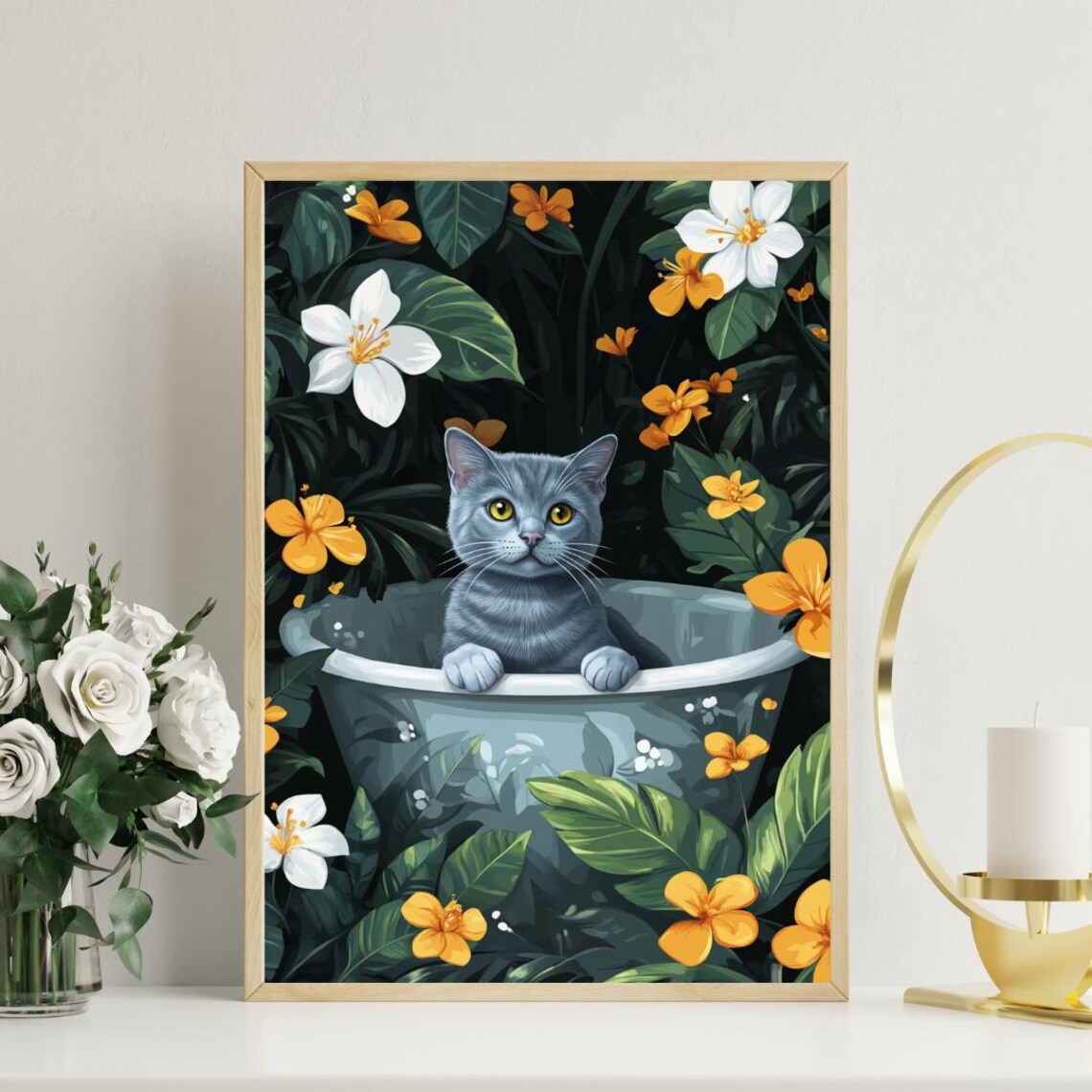 Russian Blue Cat in Bathtub Botanical Poster Funny Bathroom Decor Piece - Image 3