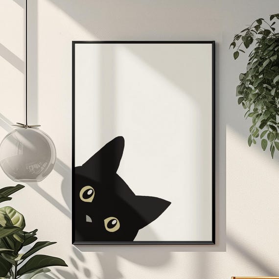 Framed Minimal Black Cat Wall Art Cute Poster Modern Animal Print For Home Decor