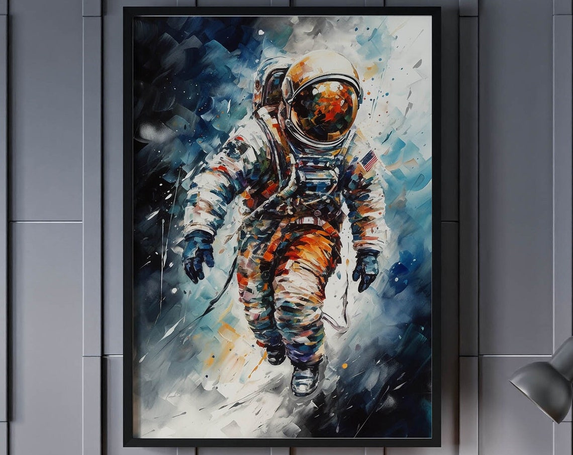 Astronaut Floating in Space Watercolor Splash Impressionist Poster