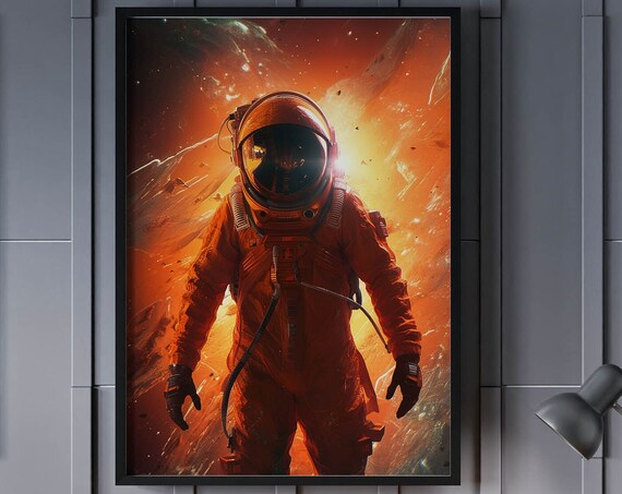 Astronaut in Orange Suit Walking Through Fiery Nebula Poster