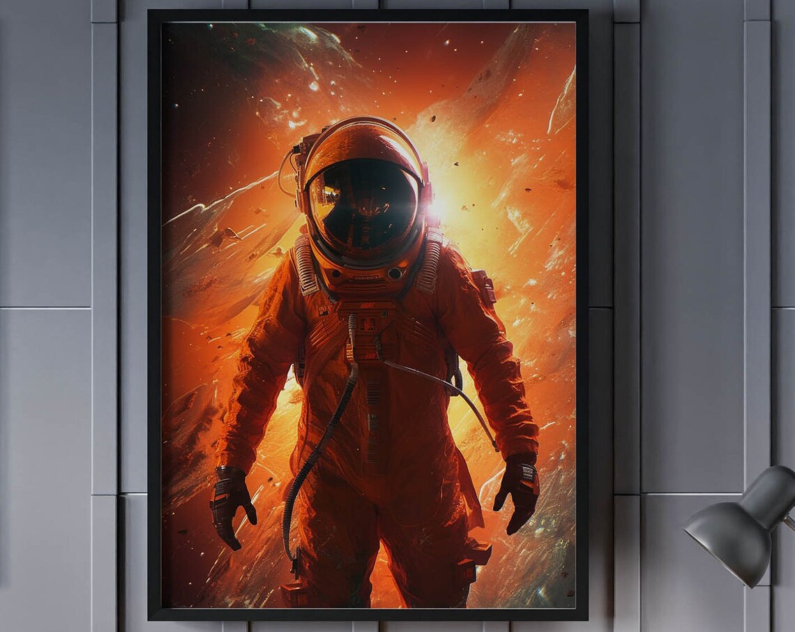 Astronaut in Orange Suit Walking Through Fiery Nebula Poster