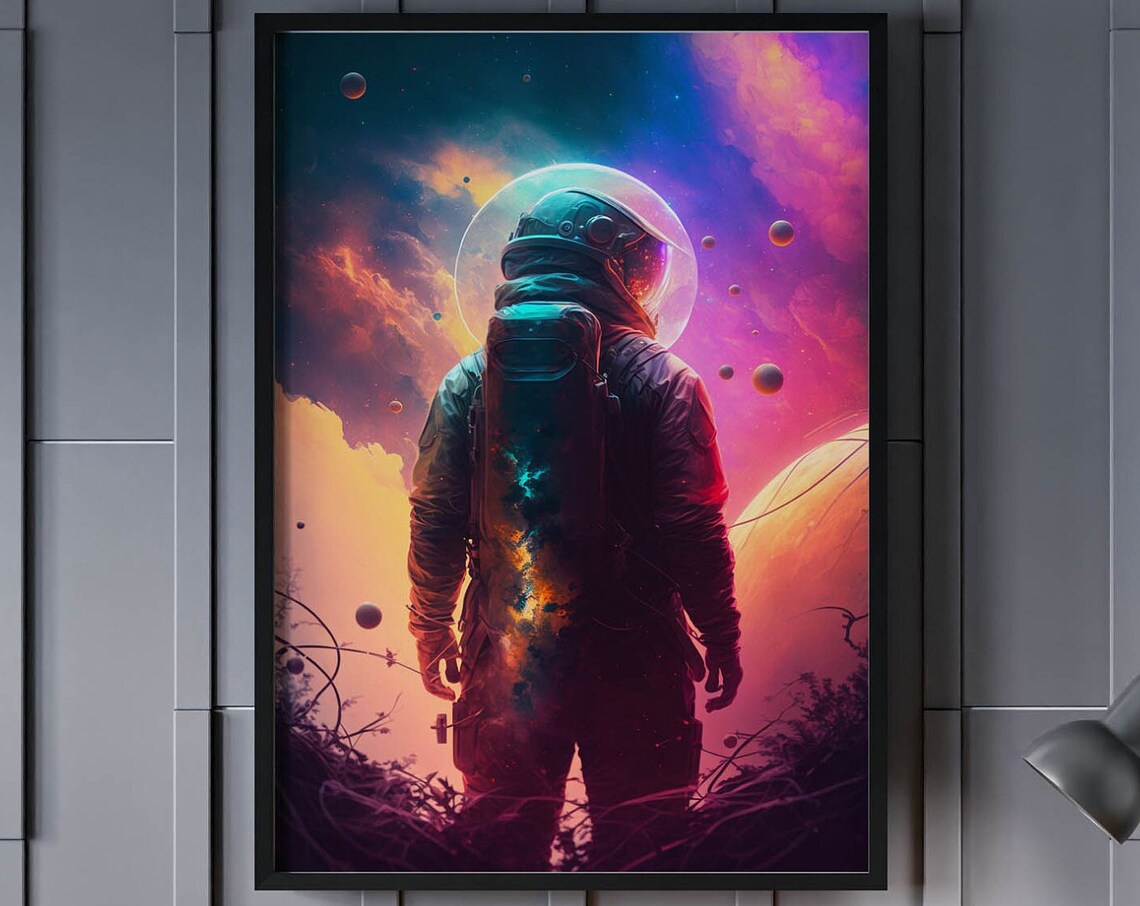 Astronaut Looking Into Pink Orange Nebula Glass Helmet Art Poster
