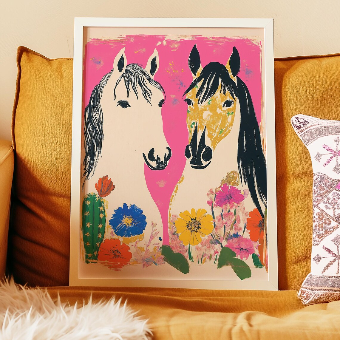 Two Horses Surrounded By Colorful Wildflowers On Hot Pink Art Poster