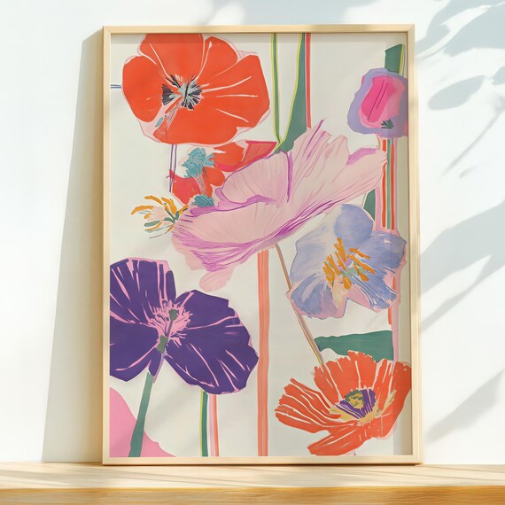 Colorful Abstract Poppies Modern Botanical Flower Illustration Poster