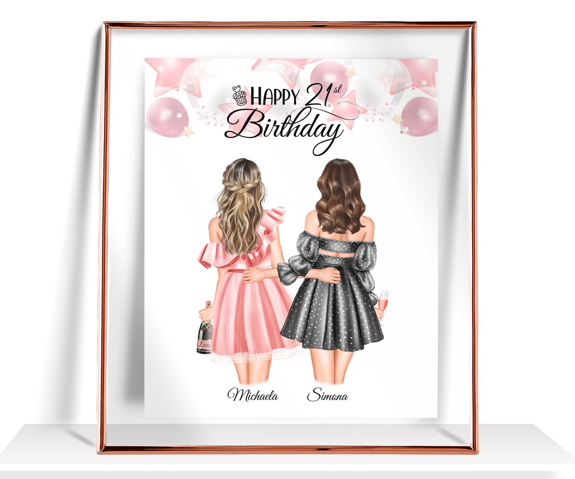 Happy 21st Birthday Two Best Friends Champagne Toast Pink Party Print