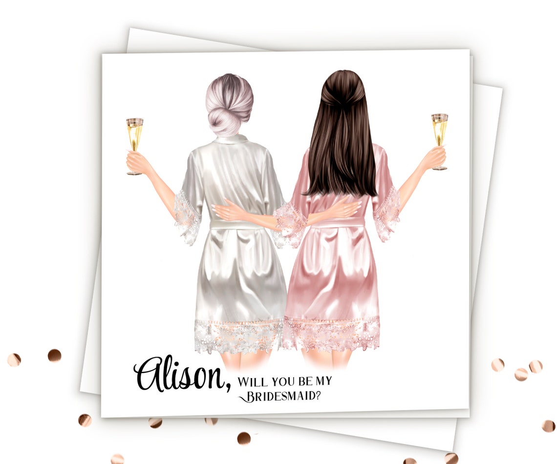 Alison Will You Be My Bridesmaid Pink Satin Robe Champagne Card Print