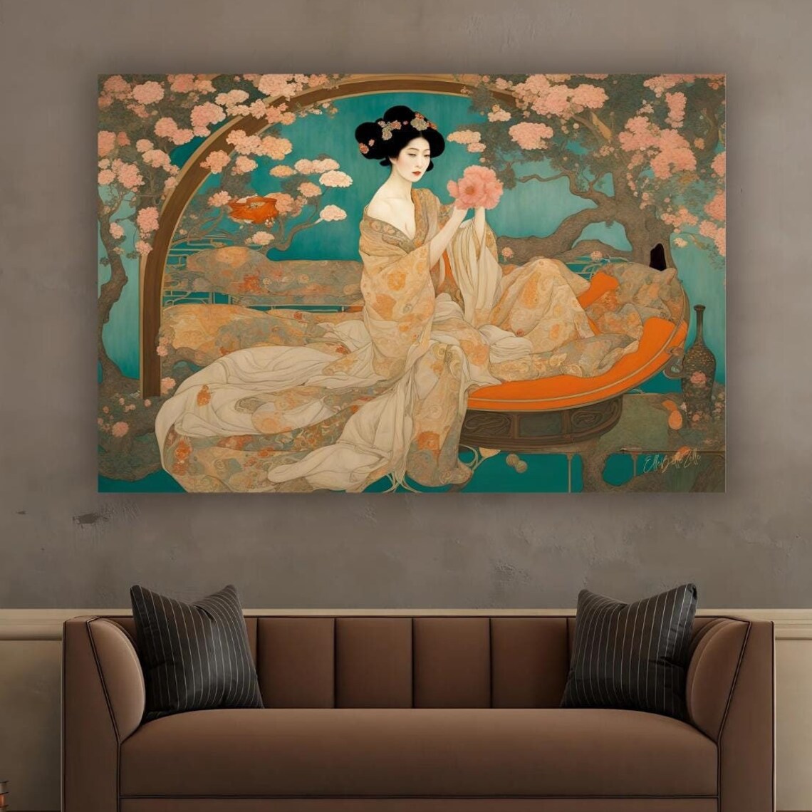 Art Nouveau Geisha Ivory Kimono Cherry Blossom Garden Repose Poster