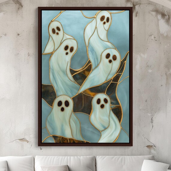 Cute Stained Glass Ghosts With Gold Halloween Spooky Art Poster