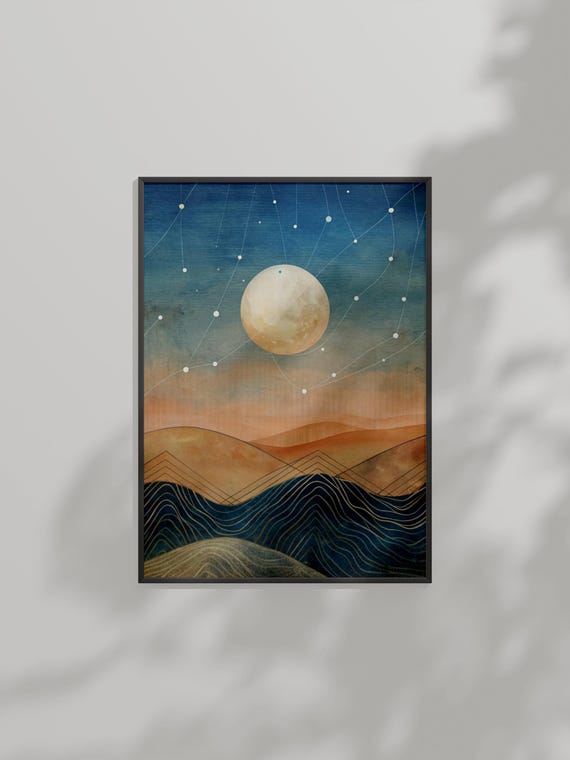 Celestial Night Landscape Abstract Moon And Stars Wall Art