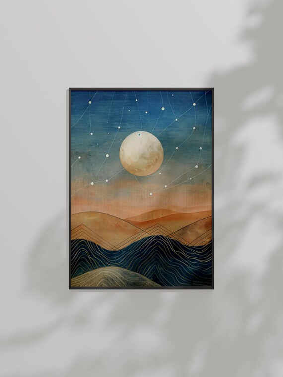 Celestial Night Landscape Poster Full Moon Constellations Over Layered Hills