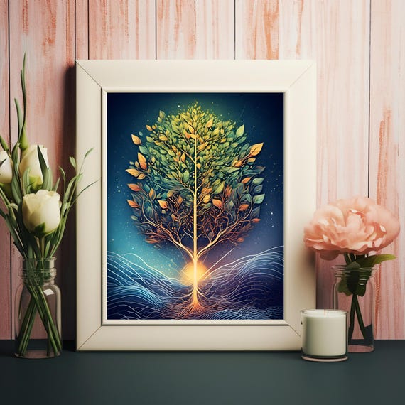 Vibrant Stylized Tree With Golden Canopy And Glowing Sun Art For Wall Instant