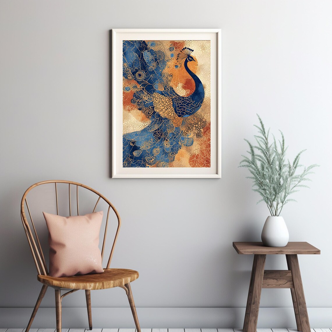 Elegant Peacock Blue Gold Decorative Feathers Luxurious Bird Wall Art