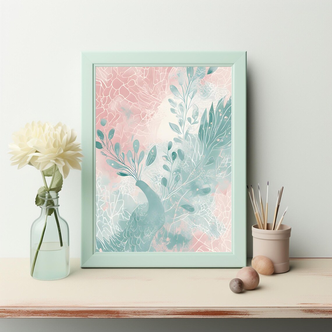 Ethereal Peacock Mint Pink Flowing Leaves Dreamy Soft Bird Wall Art