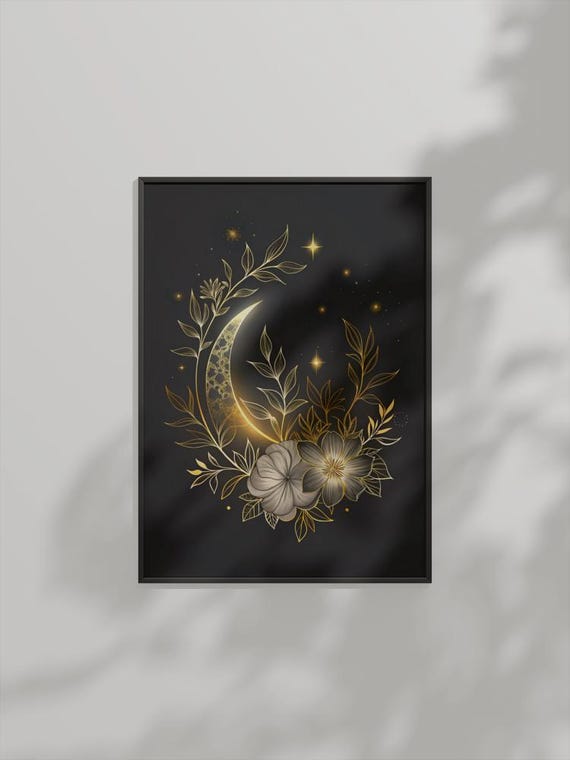 Gold Moon Floral Wall Art Celestial Botanical Print Dark Grey Elegant Night Sky Decor Instant