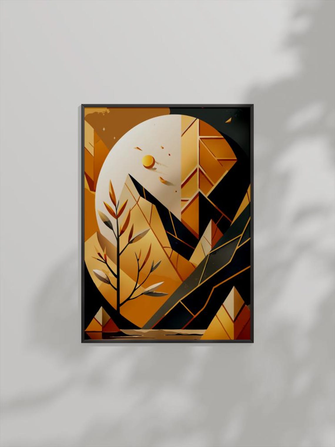 Golden Moon Geometric Mountain Tree Art Deco Amber Black Nature Poster