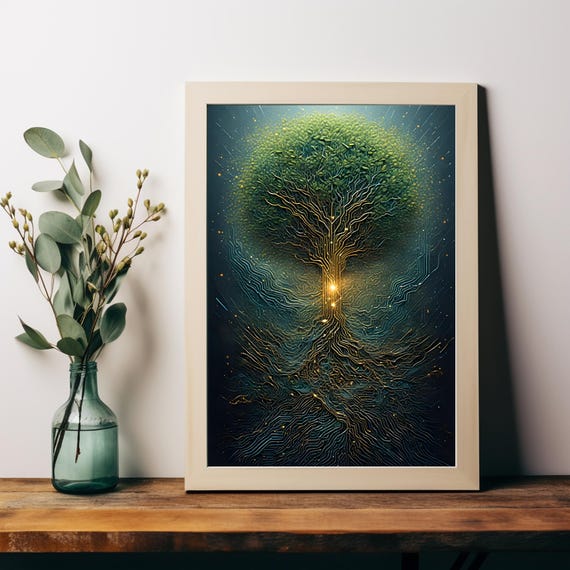 Fusion Of Nature And Technology A Stylized Tree With Circuit Patterns Glowing Canopy Art Print