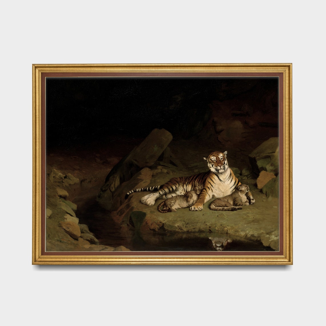 Printed And Shipped Tigers Painting Vintage Animal Print Dark Moody Rustic Wall Art Tiger And Cubs Oil Painting Farmhouse Decor - Image 4