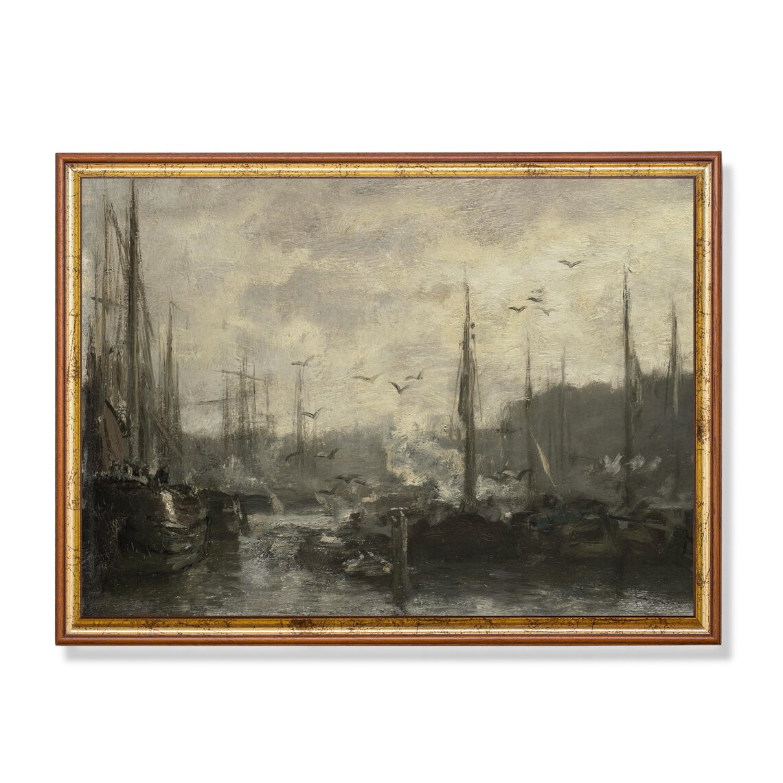 Misty Harbour with Moored Boats and Circling Gulls Marine Oil Print