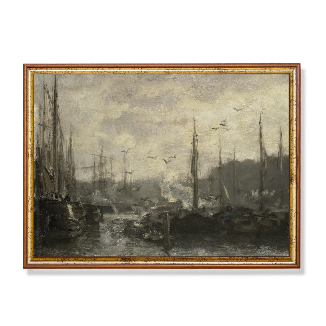 Vintage Harbour Painting Antique Coastal Print Moody Rustic Sailing Boat Art Nautical Decor Wall Art