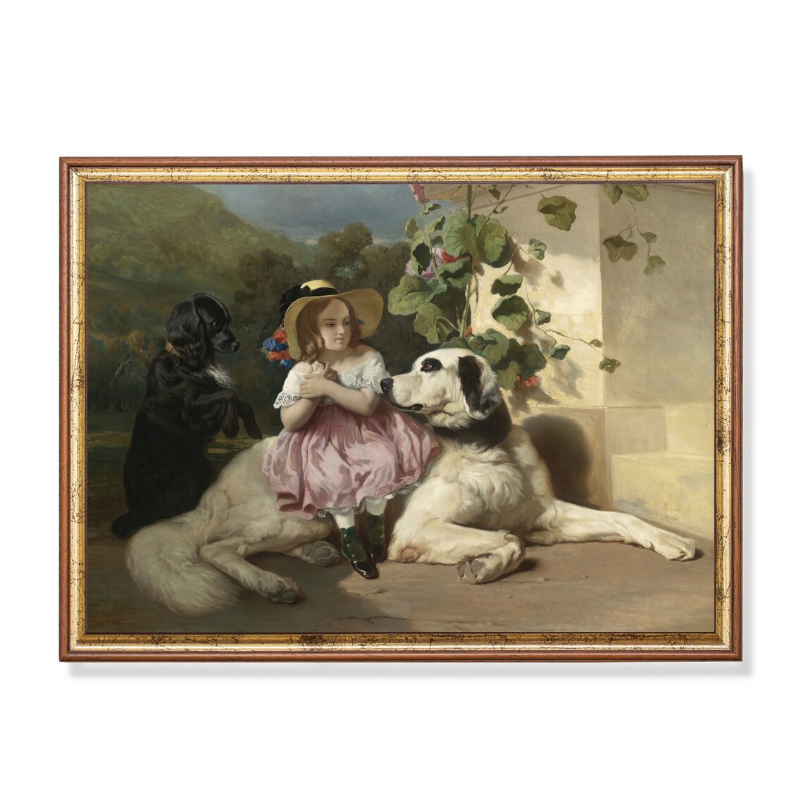 Little Girl With Two Big Dogs Victorian Genre Scene Painting Poster