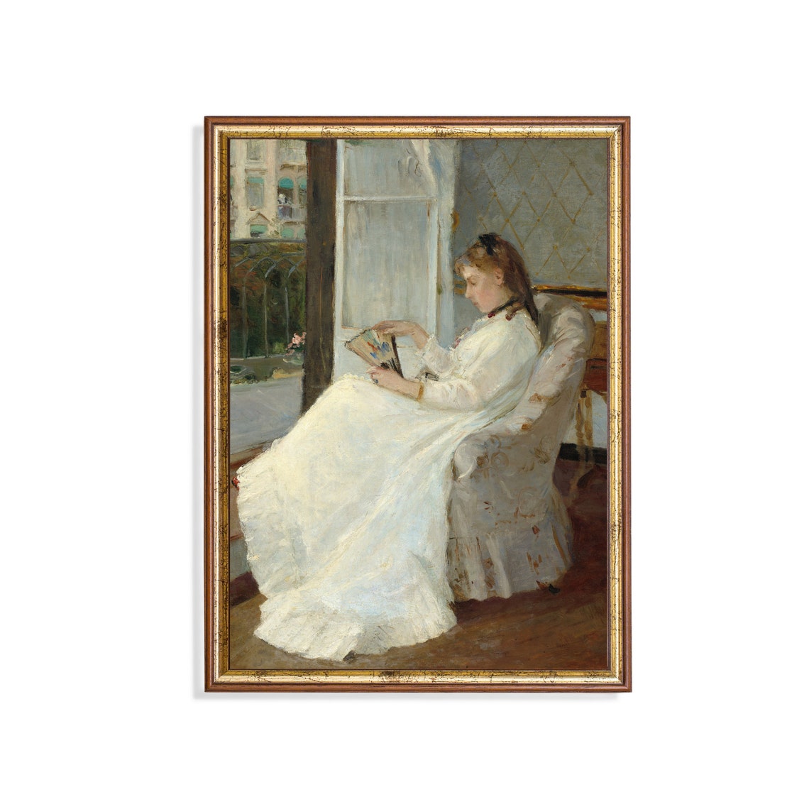 Elegant Woman Reading a Book by a Sunlit Window Portrait Poster