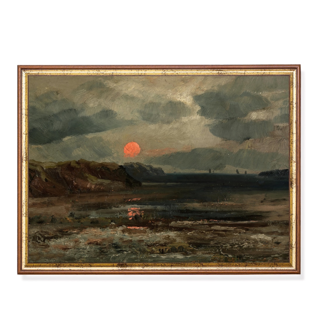 Red Sun Coastal Cliffs Dark Stormy Seascape Sunset Oil Painting Poster