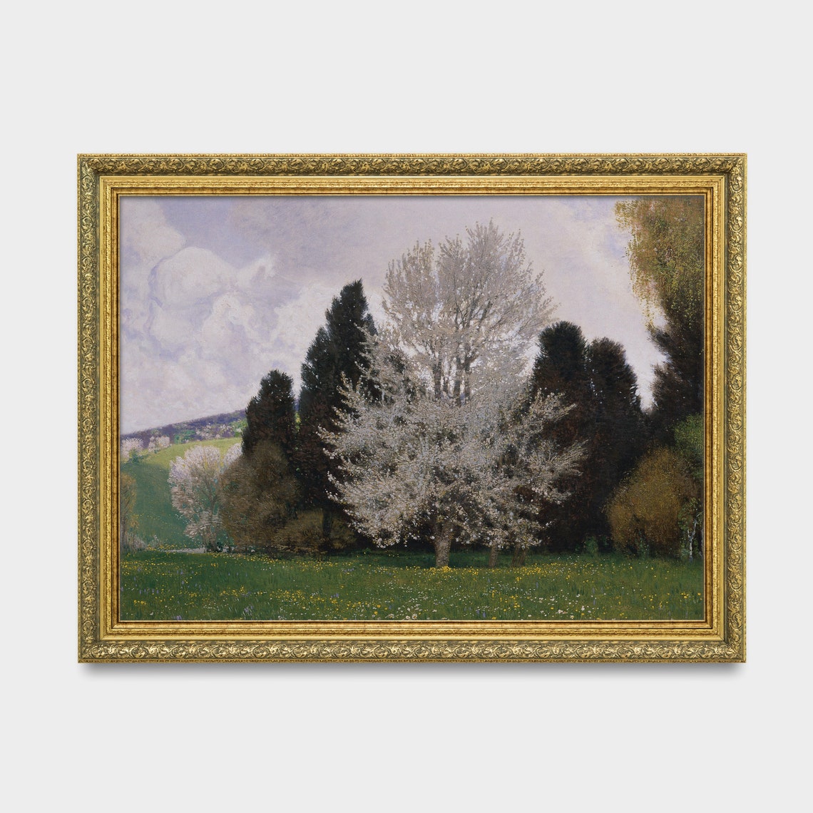 White Blossom Trees in a Spring Meadow Landscape Painting Poster - Image 2