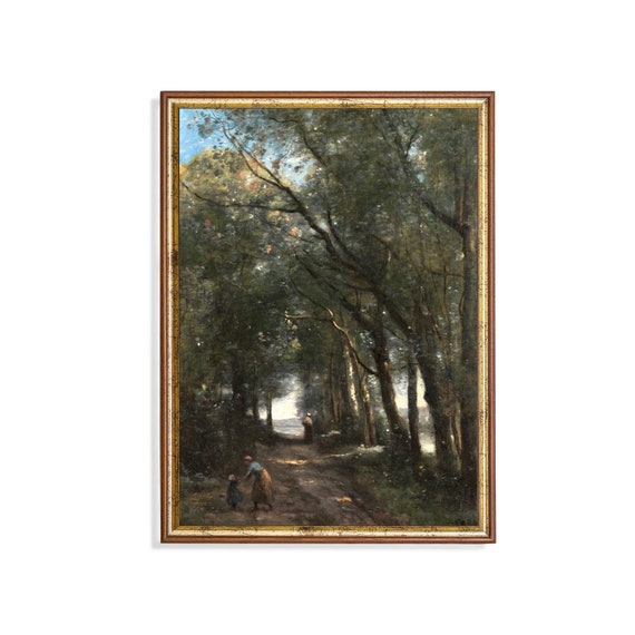 Vintage Landscape Painting Antique Country Landscape Moody Rustic Nature Print Wall Art Farmhouse Decor