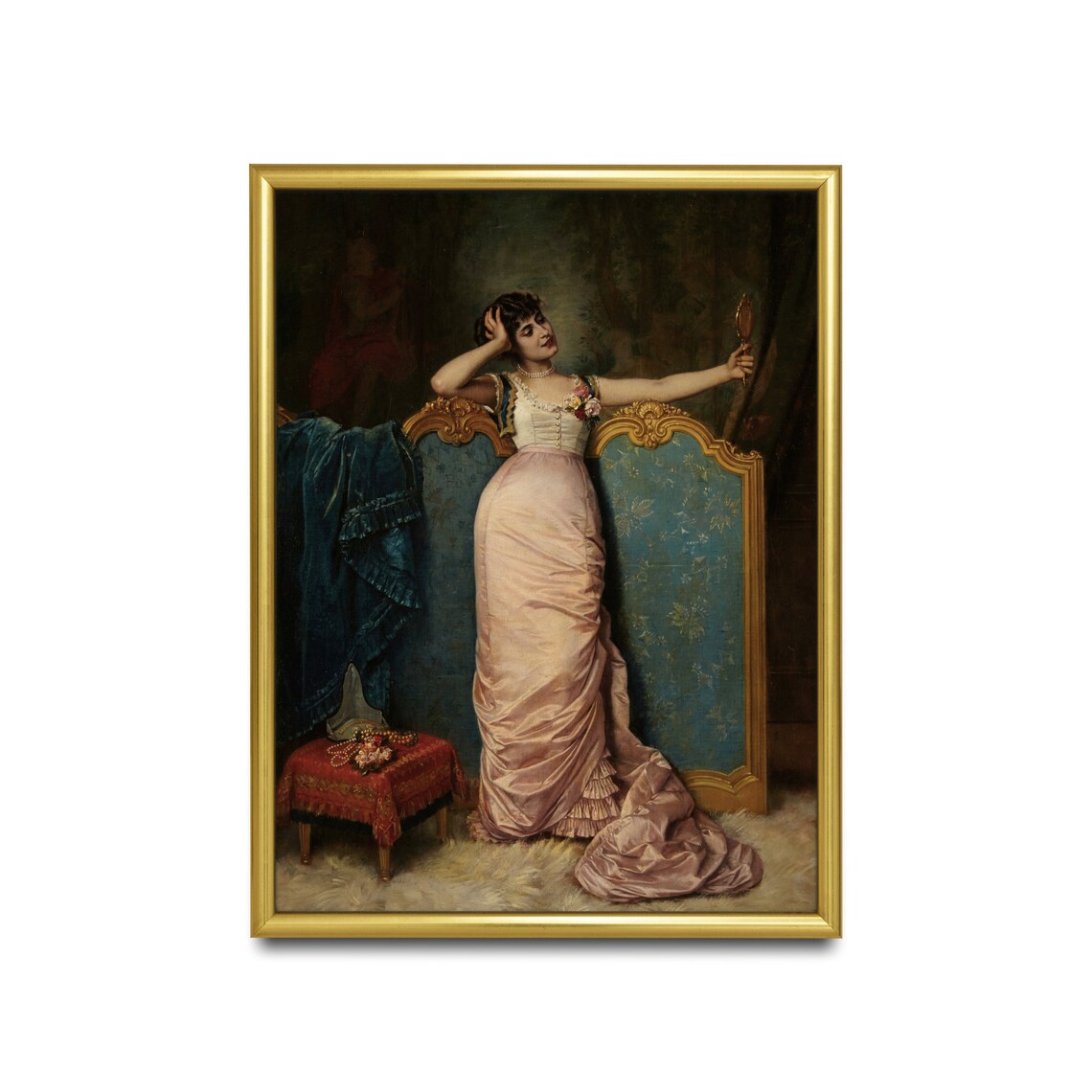 Elegant Woman Holding a Hand Mirror in a Pink Silk Gown Poster - Image 2